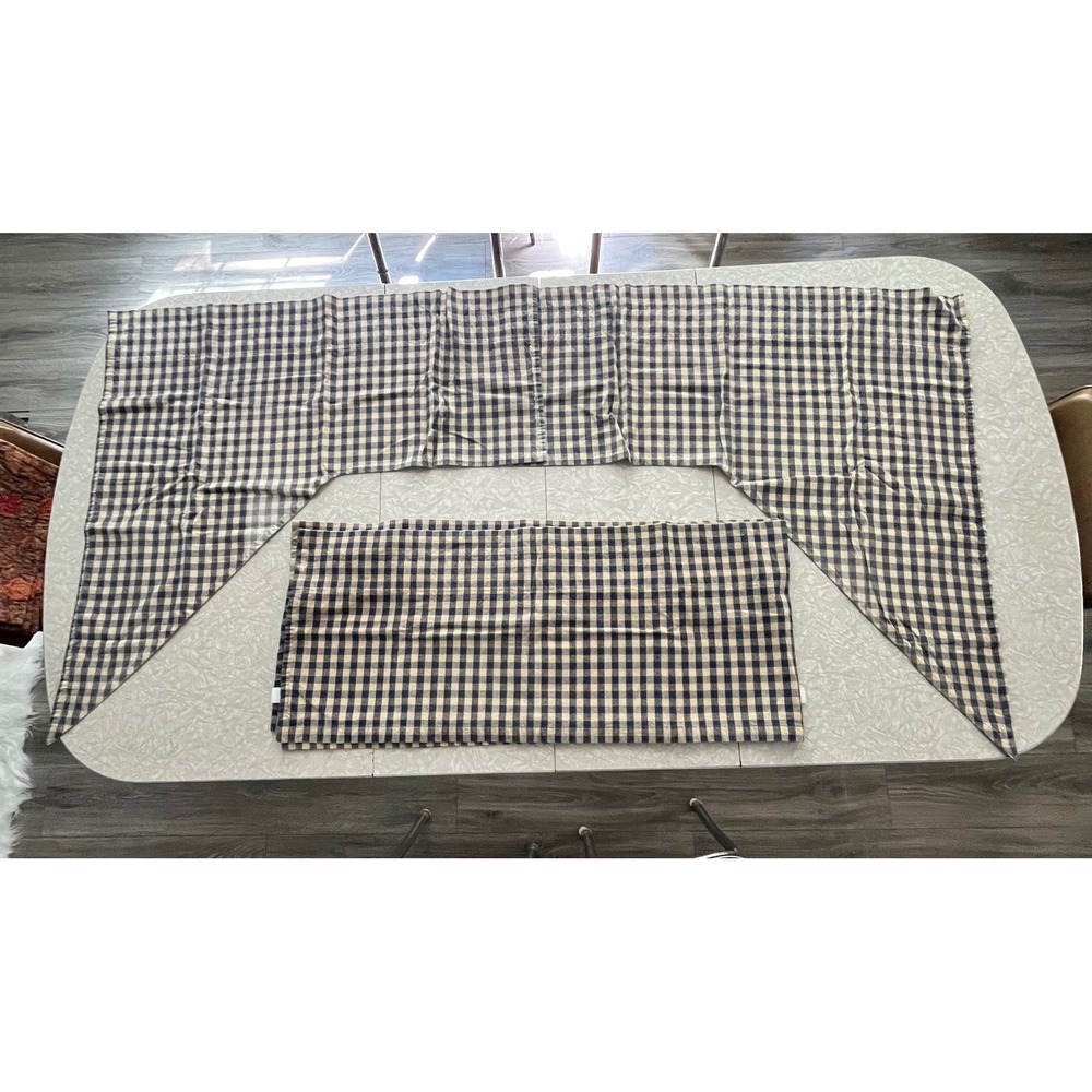 Blue Tan Gingham Farmhouse Window Curtain Set Valance and Swag Pair